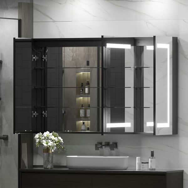 48 in. W x 30 in. H Rectangular LED Lighted Anti-Fog Tempered Glass Aluminum Medicine Cabinet with Mirror In Black