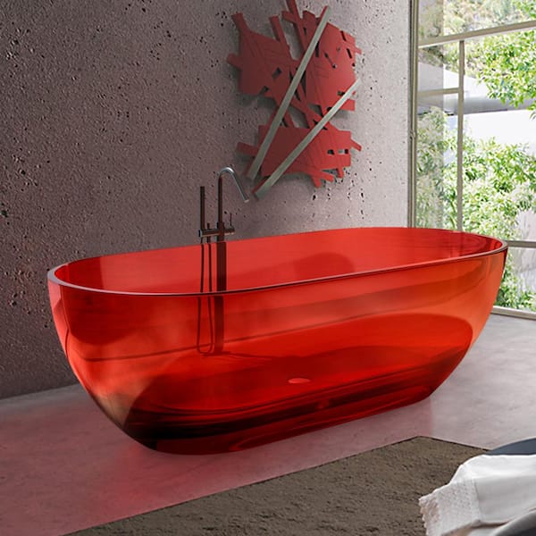 Zeus & Ruta 69 in. x 29.5 in. Stone Resin Soaking Bathtub with Center Drain in Transparent Red