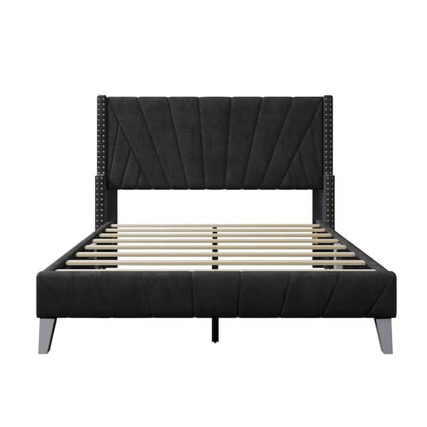 Polibi 61.80 in. W Full Size Velvet Upholstered Bed in Black Frame with Channel Tufting and Nailhead Trim