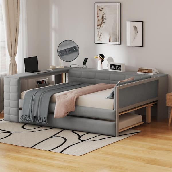 Gray Wood Frame Full Size Platform Bed with Storage Shelves, Desk and Trundle