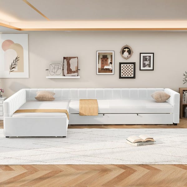 Beige L-Shaped Upholstered Double Twin Size Daybed with Trundle and Drawer
