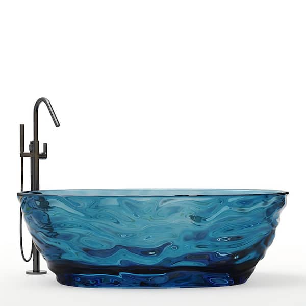 Moray 65.75 in. x 30 in. Resin Translucent Stone Flatbottom Solid Surface Freestanding Soaking Bathtub in Lake Blue