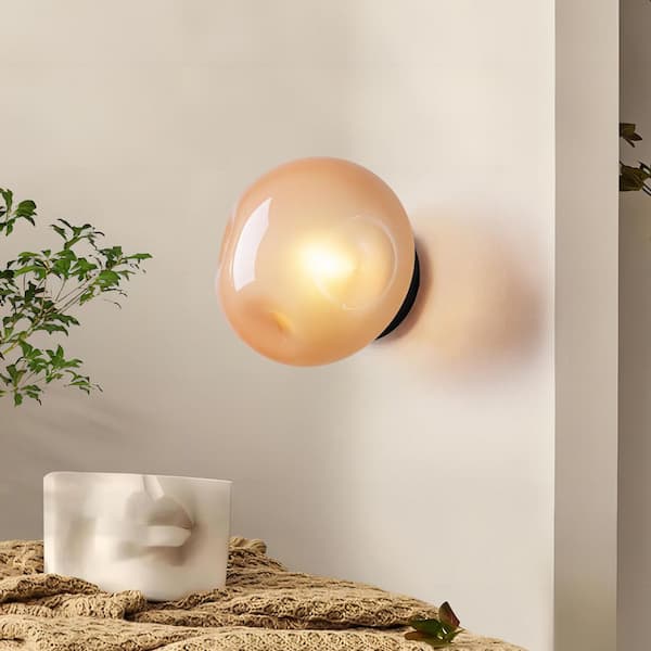 Arlyss 7.7 in. 1-Light Modern Matte Black Wall Sconce with Pink Glass Shade