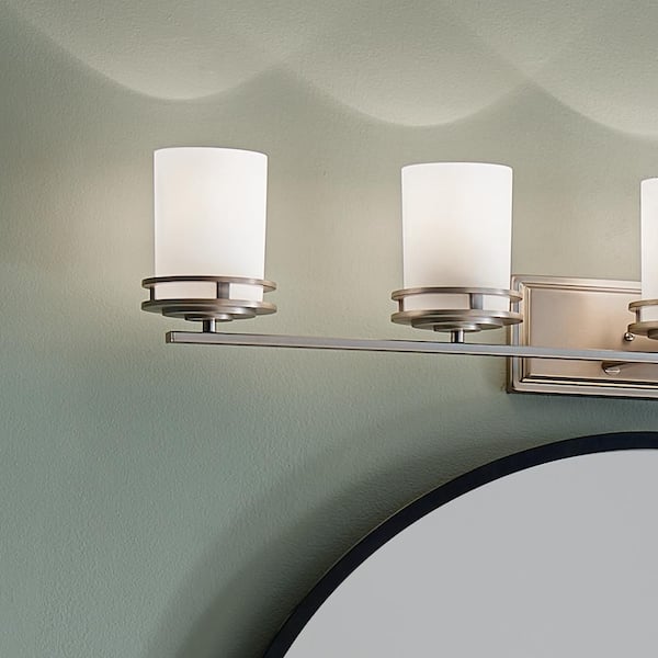 Hendrik 43 in. 5-Light Brushed Nickel Contemporary Bathroom Vanity Light with Etched Glass Shade