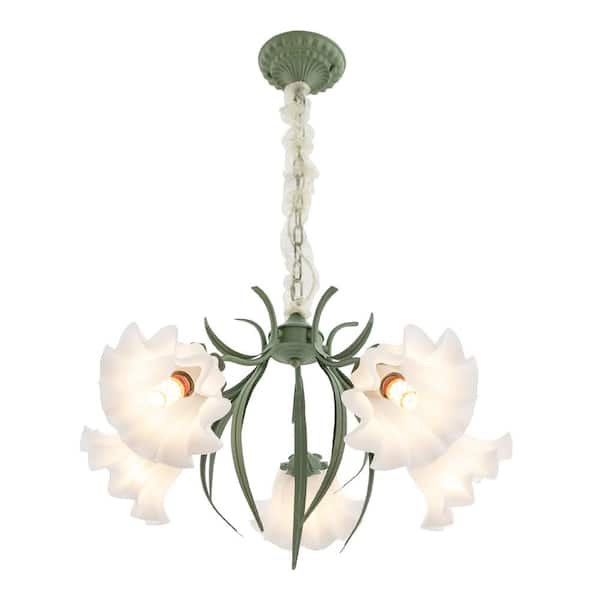 OUKANING 25.59 in. 5-Light Green Modern Flower Shape Chandelier for Dining Room and Living Room with No Bulbs Included