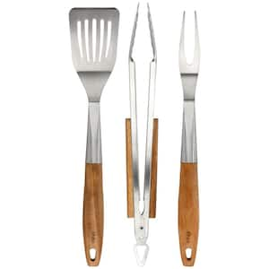 Balincourt 3 Piece Stainless Steel and Wood BBQ Tool Set in Brown