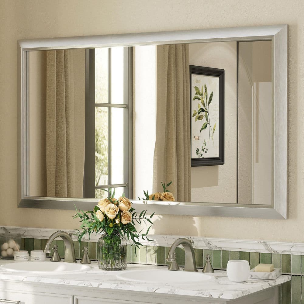 55 in. W x 32 in. H Rectangular Aluminum Alloy Framed and Tempered Glass Wall Bathroom Vanity Mirror in Brushed Silver price history on PriceWatchPro