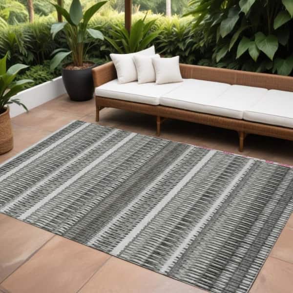Gray, Charcoal, Ivory 8 ft. x 10 ft.  Woven Striped Polyester Rectangle Indoor / Outdoor Area Rug