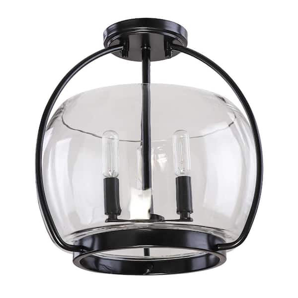 Cordelia Lighting 13.8 in. 3-Light Black Semi-Flush Mount with Clear Glass Shade
