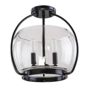 13.8 in. 3-Light Black Semi-Flush Mount with Clear Glass Shade