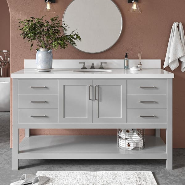 ARIEL Magnolia 61 in. W x 22 in. D x 36 in. H Bath Vanity in Grey with Pure Quartz Vanity Top in White with White Basin