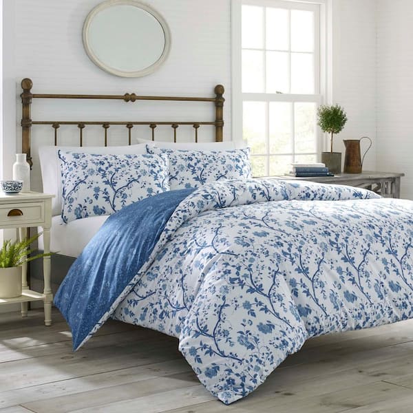 Laura Ashley Elise 5 Piece Navy Blue Floral Cotton Twin Comforter Set 221644 The Home Depot