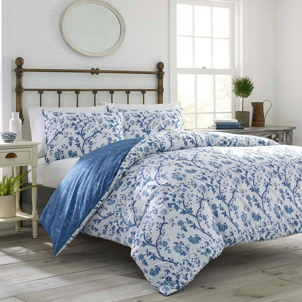 Laura Ashley Elise 7-Piece Navy Blue Floral Cotton Full/Queen Comforter ...