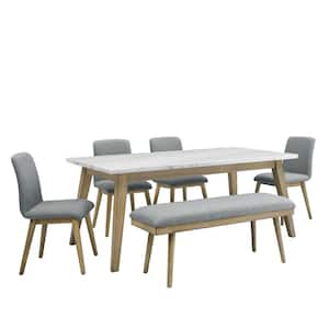 Vida White Marble Dining Set with 4 Gray Upholstered Side Chair and 1 Bench (Seats 6)