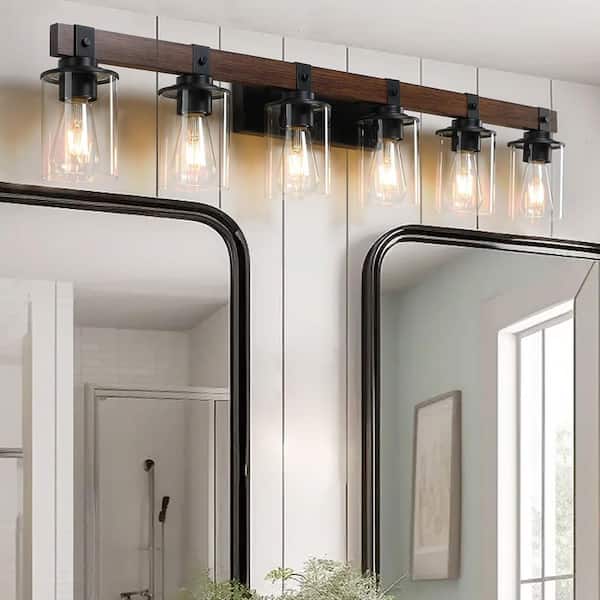 42 in. 6-Light Rustic Retro Brown Vanity Light with Clear Glass Shade