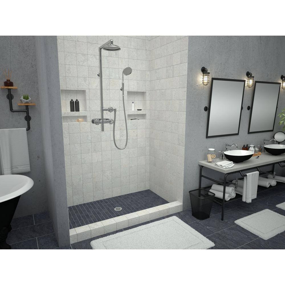 Universal Gray Single Curb Shower Pan with Center Drain