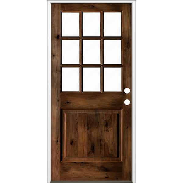 Krosswood Doors 36 in. x 80 in. Rustic Knotty Alder Left-Hand Clear Low-E Glass 9-Lite Provincial Stained Wood Single Prehung Front Door