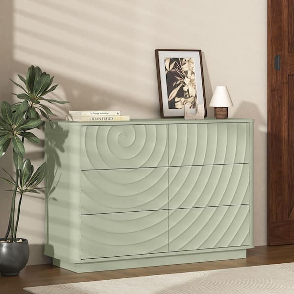 sage green 6 drawer dresser 46.5 in. Wide with 3D Spiral Grain Wave Design, Solid Wood Frame and Rounded Edges FW17