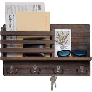 15.7 in. W x 3.2 in. D Brown Wood Wall Mounted Mail Holder Decorative Wall Shelf with 4 Double Key Hooks