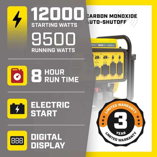 12,000/9500-Watt Electric Start Dual Fuel Portable Generator w/ Free 3-Year Warranty for Home Backup and Storm Prep