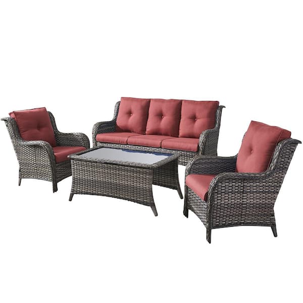 Pocassy 4-Piece Wicker Outdoor Patio Seating Conversation Set Sectional Sofa Glass Coffee Table with Red Cushions