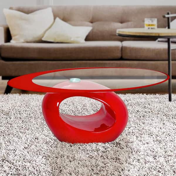 Red Large Oval Glass Coffee Table, Glass Living Room Tables