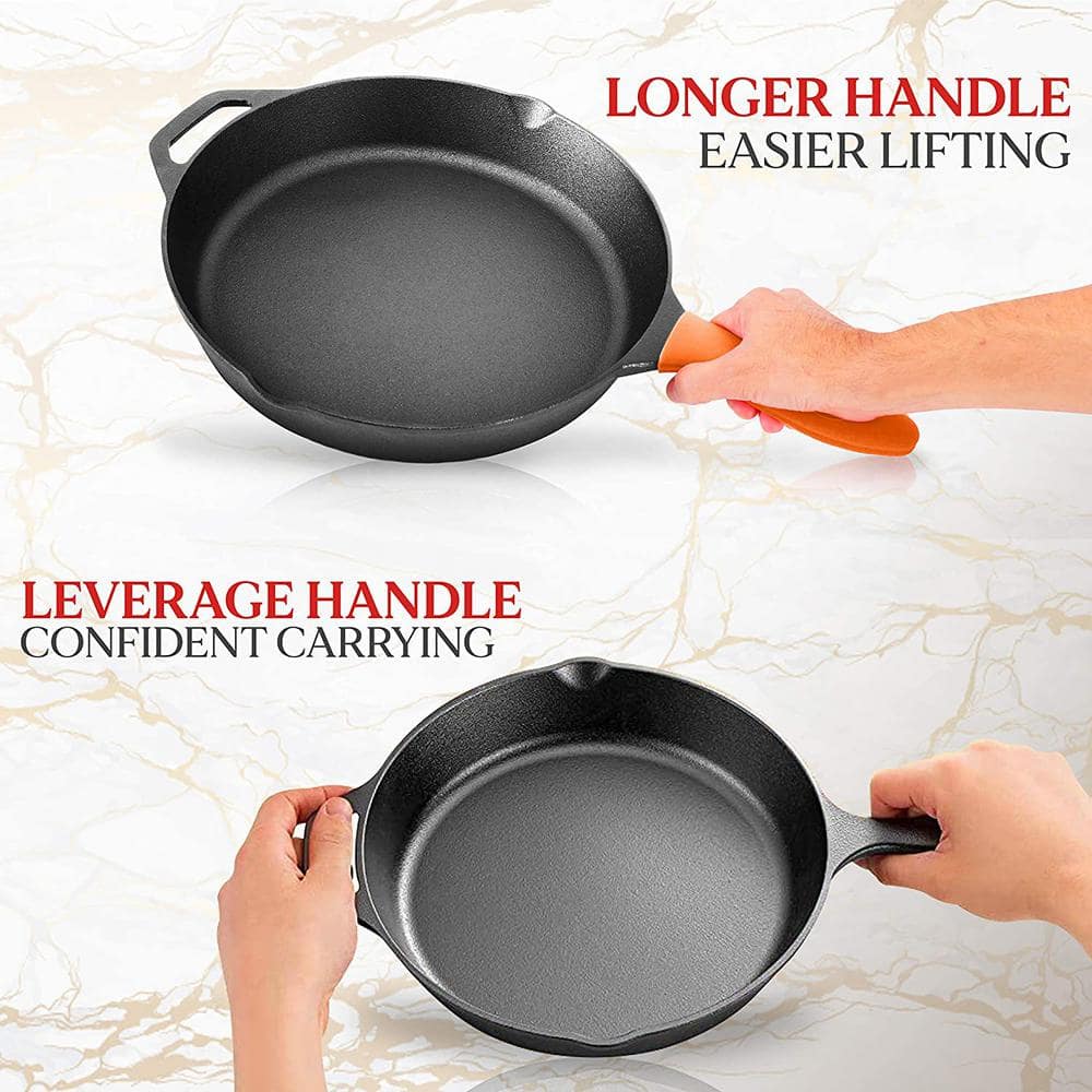 NutriChef 10" & 12" Pre-Seasoned Cast Iron Skillet Set with Silicone Handles