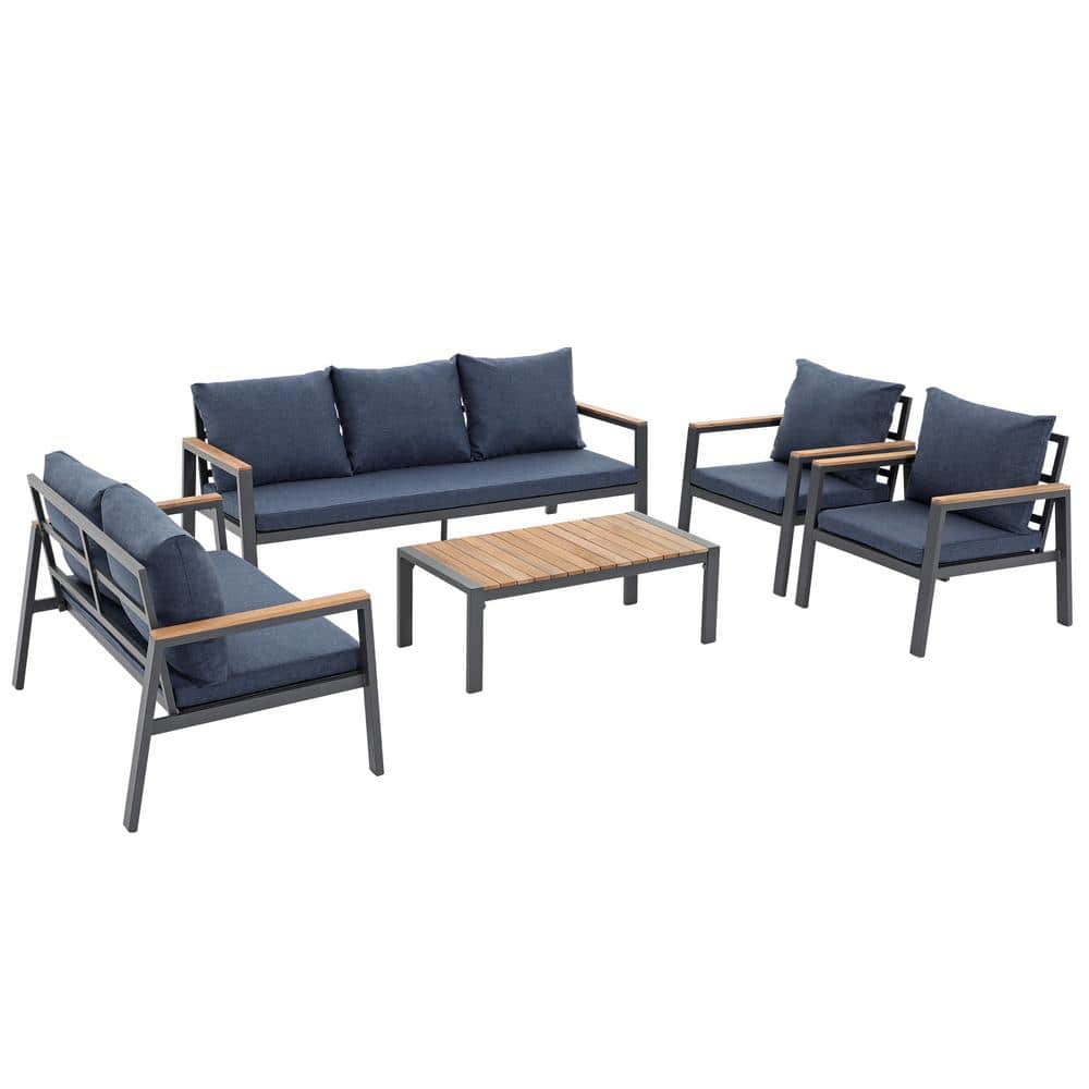 5-Piece Aluminum Outdoor Patio Conversation Set with Navy Blue Cushions