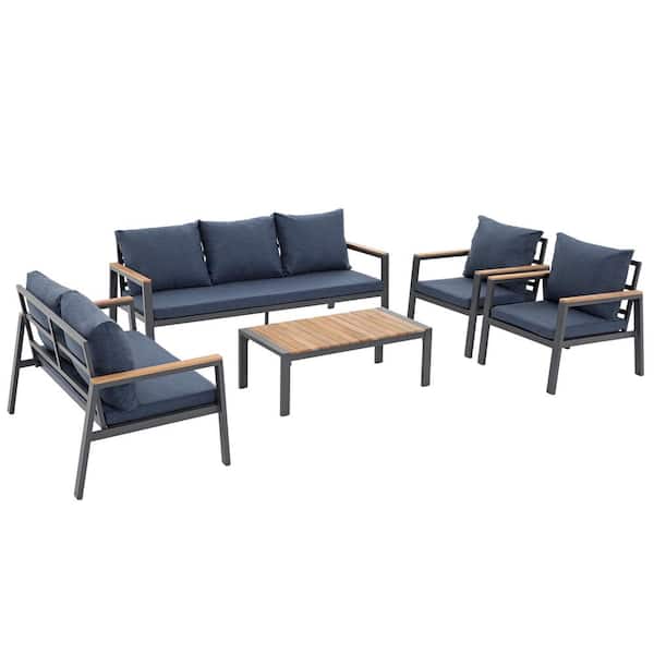 Freestyle 5-Piece Aluminum Outdoor Patio Conversation Set with Navy Blue Cushions