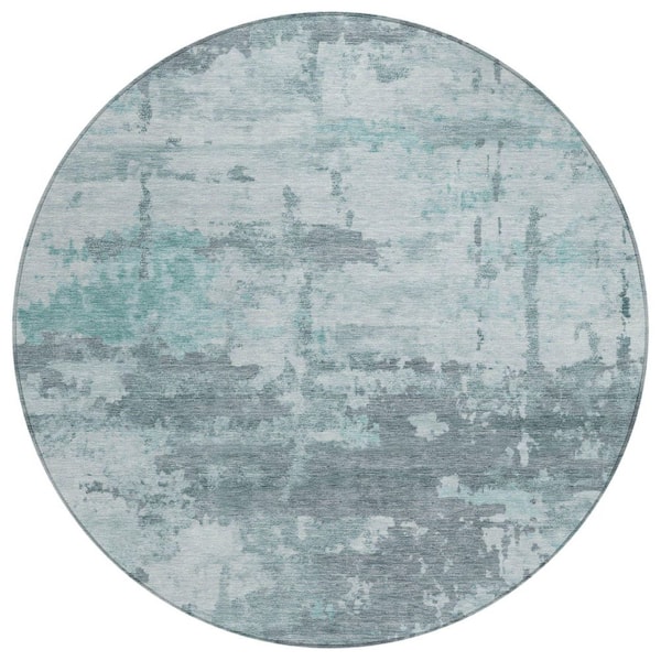 Chantille Machine Washable Indoor/Outdoor Abstract ACN2362 Aqua 8 ft. x 8 ft. Round Rug