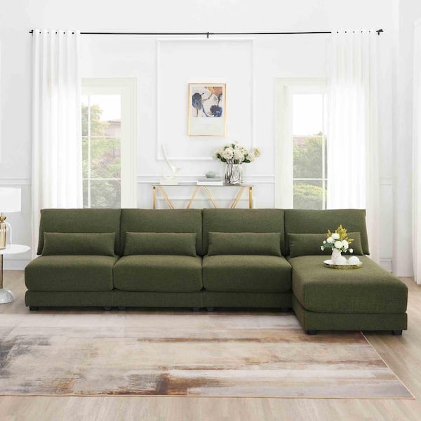 Polibi 120 in. Square Arm Fabric L-Shaped Sofa with Reversible Chaise in Green