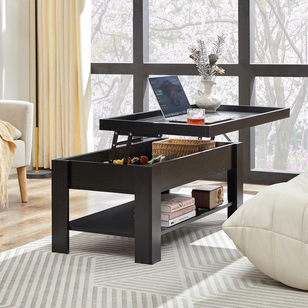Black Metal and Wood Lift-Top Rectangular Coffee Table