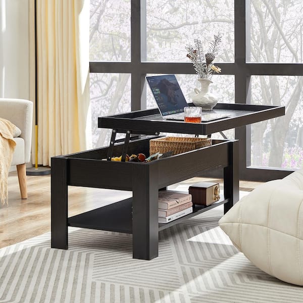 Coffee Table Lift Top Coffee Tables with Hidden Compartment and Storage Shelf Dining Table for Living Room, Black