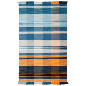 Striped Kilim Orange Blue Doormat 3 ft. x 5 ft. Plaid Striped Area Rug