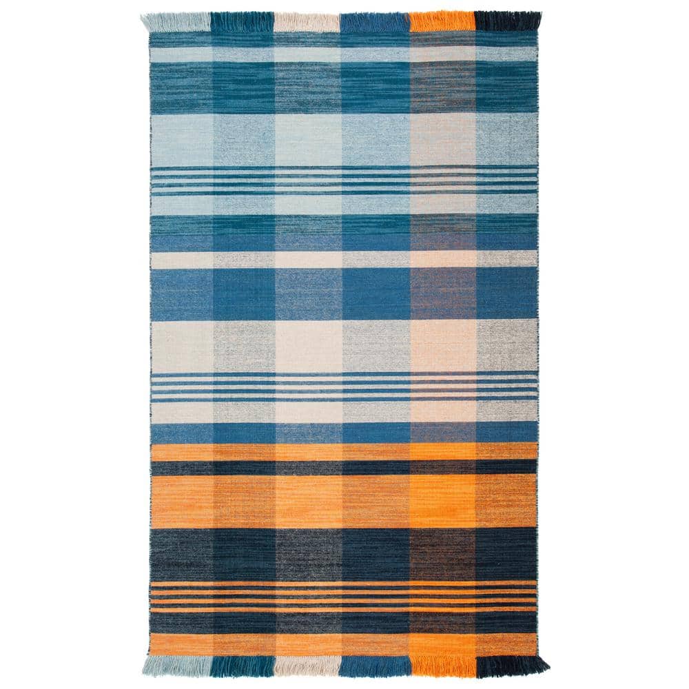 Blue and Orange Striped Wool 4' x 6' Flat Woven Rug