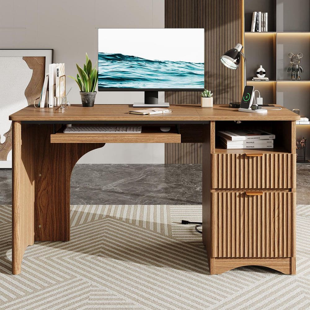 55 in. Brown Office Desk with Power Outlets, 2-Storage Drawers and Keyboard Tray