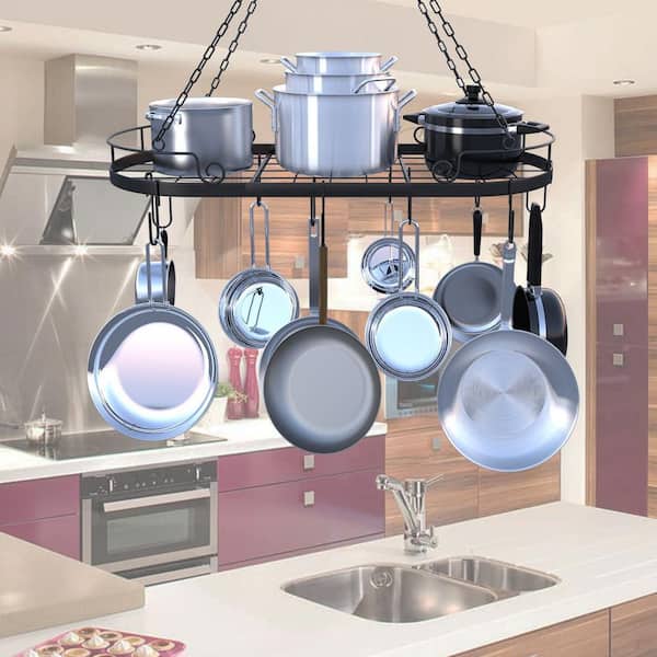 33 in. Heavy Duty Ceiling Pot Rack with Hooks, Metal Pot Hanger with Grid for Kitchen Cookware, Black