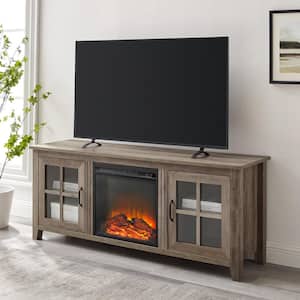 58 in. Grey Wash Wood and Glass Transitional 2-Door Windowpane Fireplace TV Stand Fits TVs up to 65 in.