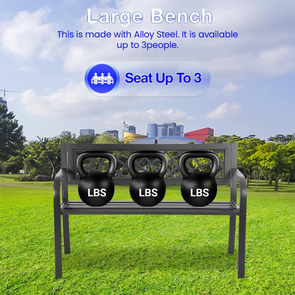 Misty Black Steel Outdoor Bench with Ergonomic Armrests