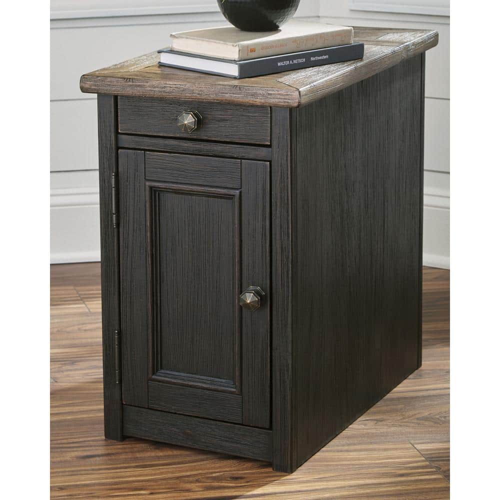 Black and Brown Rectangular Wood Chairside Table with Storage