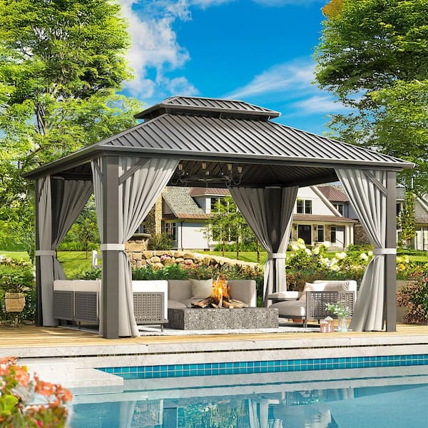 NETAJE 11.5 ft. W x 9.1 ft. D Gray Aluminum Hardtop Gazebo with