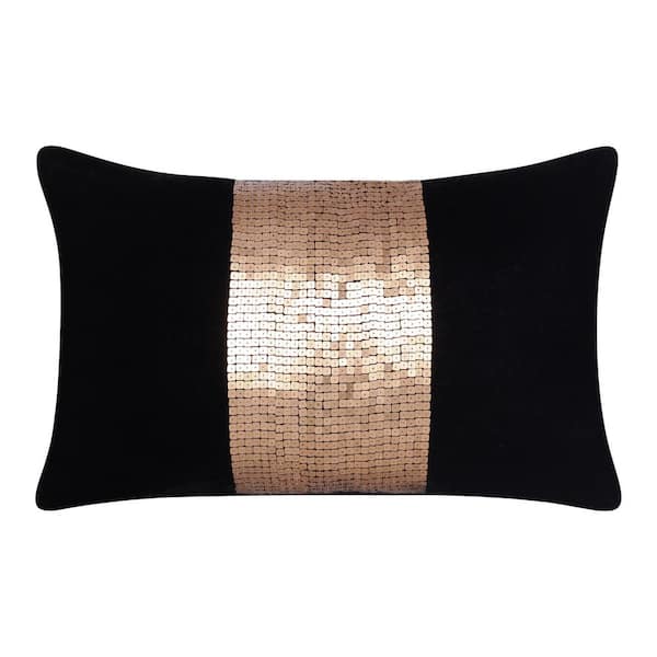 LR Home Isabella Black/Gold Geometric Sequined 16 in. x 24 in. Lumbar Pillow
