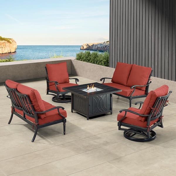 Oakland Living Black 5-Piece Aluminum Patio Fire Pit Set with Red Cushions