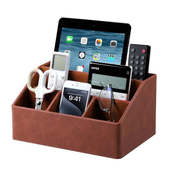 Brown PU Leather Remote Control Holder with 5 Compartments，7inx5. 5in