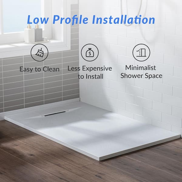 Woodbridge Krasik 60 in. L x 30 in. W Alcove Solid Surface Shower Pan Base with Left Drain in White with Chrome Cover, White with Chrome Drain Cover