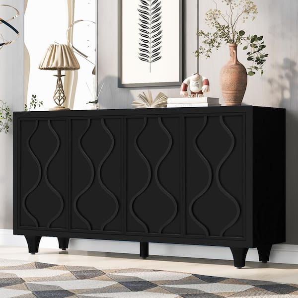 Harper & Bright Designs Black MDF 59.6 in. Sideboard, Storage Cabinet with Adjustable Shelves, Embossed Curved Doors