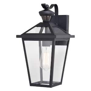 Derby 1-Light Matte Black Motion Sensor Dusk to Dawn Outdoor Hardwired Wall Lantern Clear Glass Shade, LED Compatible