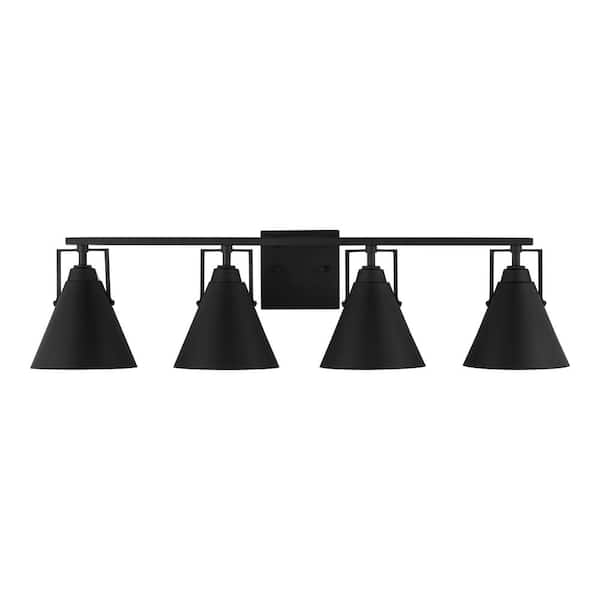 Insdale 4-Light Matte Black Modern Industrial Bathroom Vanity Light with Black Metal Shades