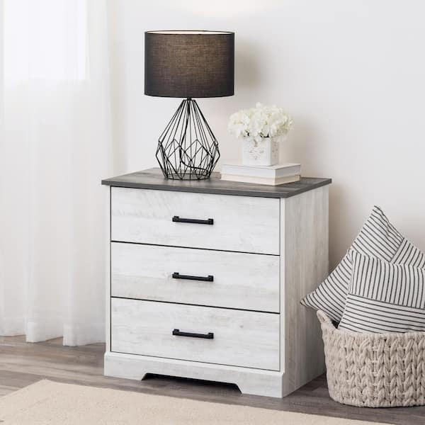 Prepac Rustic Ridge Washed White 3-Drawer 27.5 in. x 26.75 in. x 16.25 in. Nightstand, Wooden Chest of Drawers for Bedroom