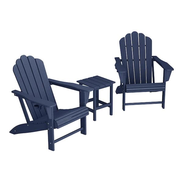 Aderson 3-Piece All Weather Outdoor HDPE Plastic Adirondack Chair Patio Conversation Set with Side Table in Navy Blue